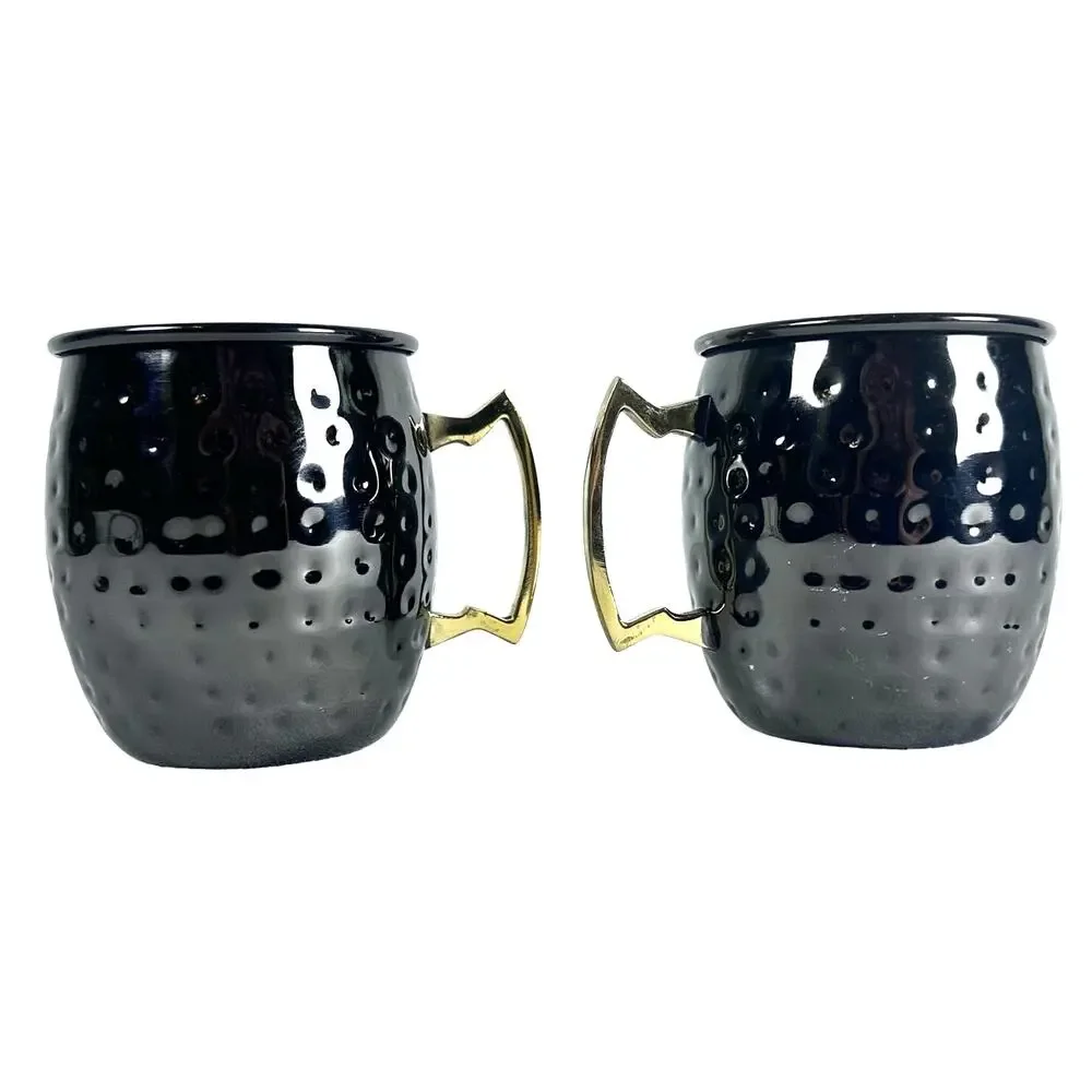 Moscow Mule Stainless Steel Mugs Gunmetal Gray Brass Handles-Set of 2-Excellent!